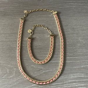 Pink leather gold necklace and bracelet set